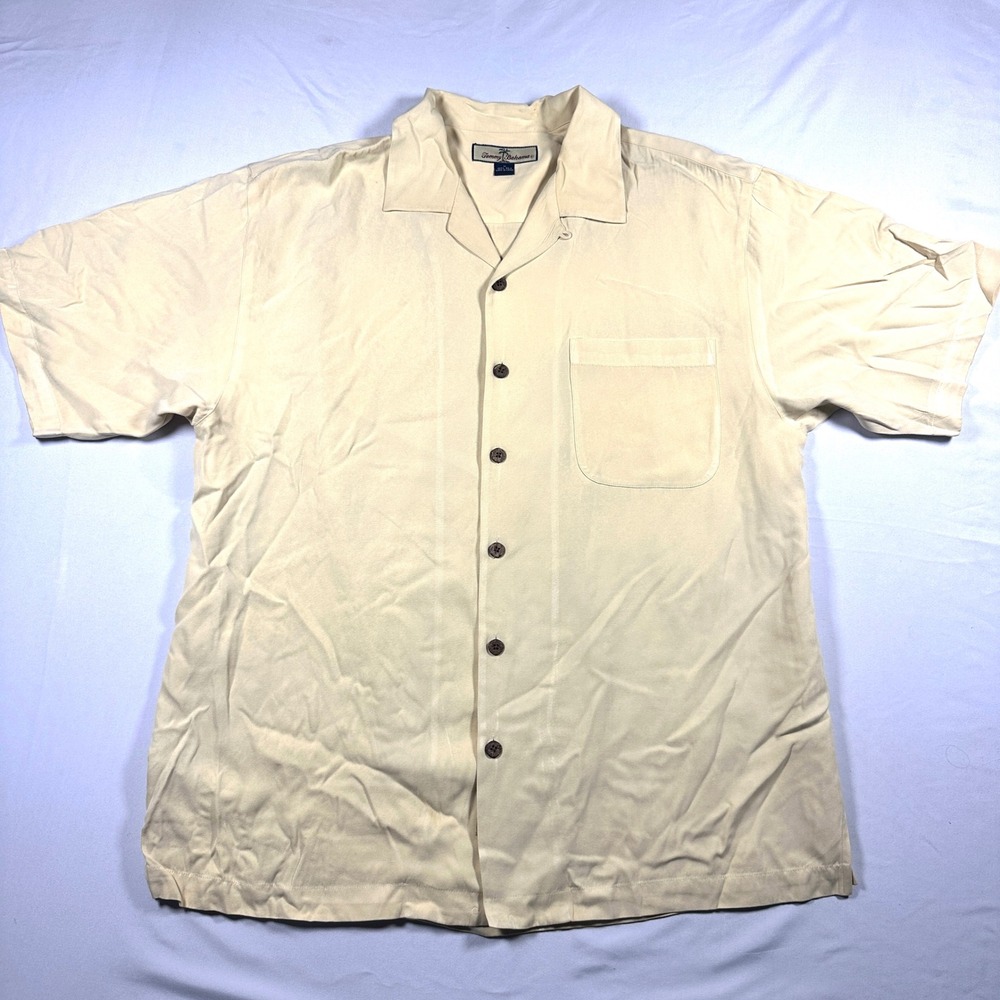 Tommy Bahama Mens M Cream 100% Silk Short Sleeve Button Down Camp Shirt Stripe